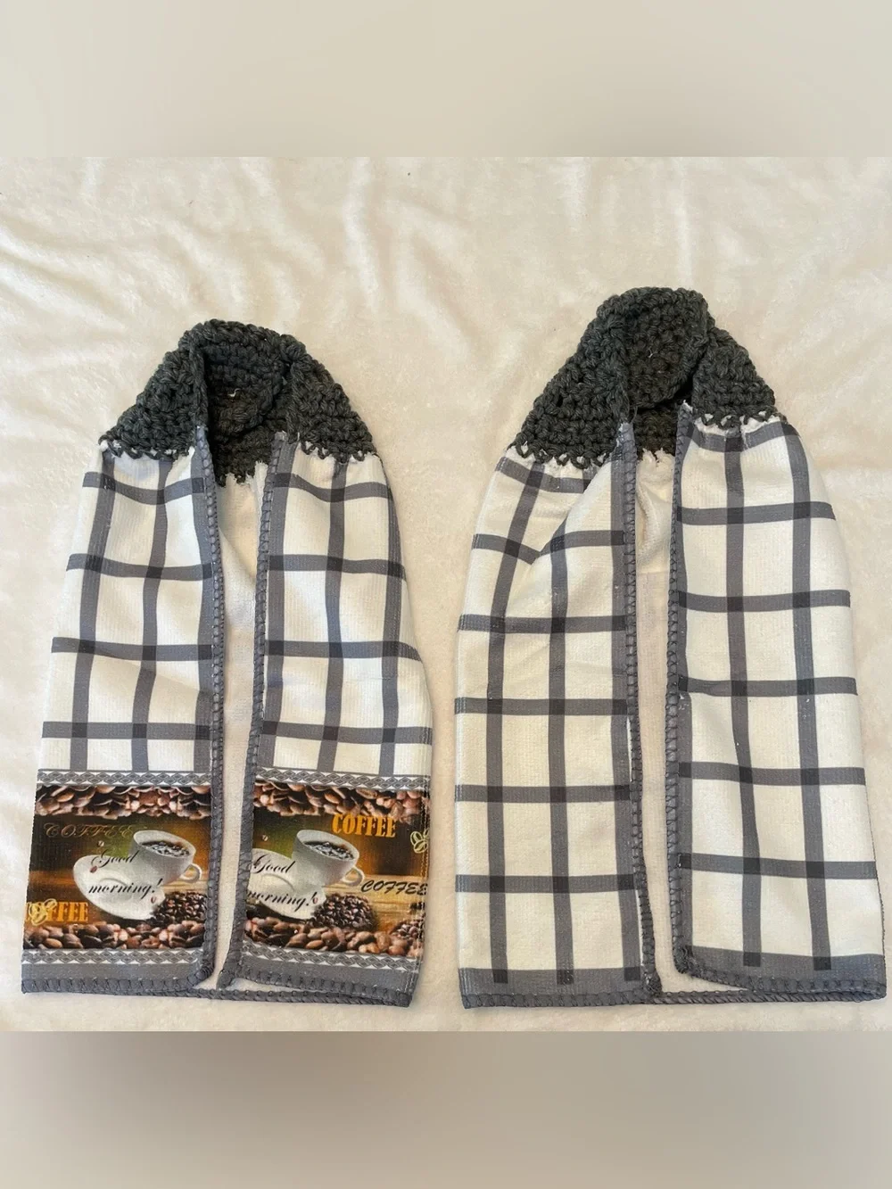 Handmade Coffee Design Black & White Plaid Kitchen Hanging Towels - Set of 2.